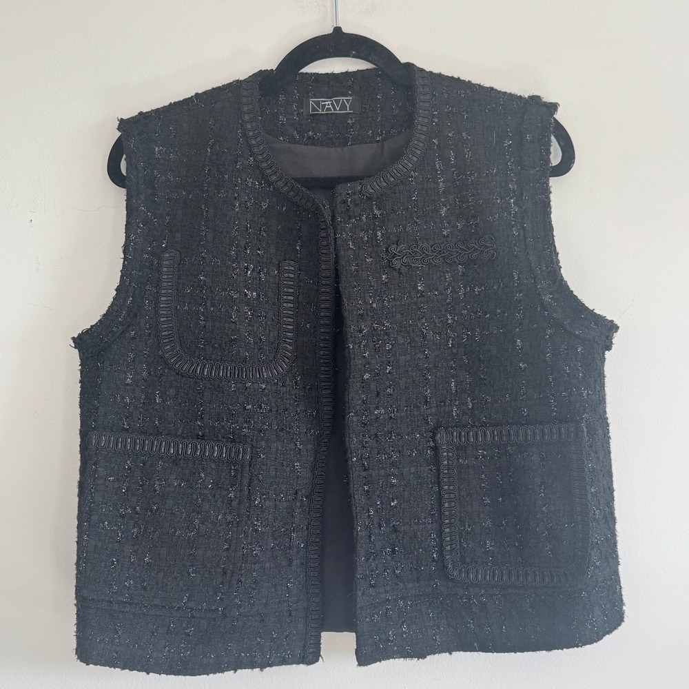 Navy Black Tweed Boucle Vest Soutache Braid Trim Metallic Shimmer Sleeveless L
